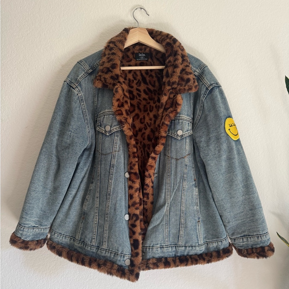 Dressed in LALA Denim Jacket with Leopard Print and Yellow Patch